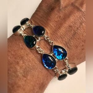 Triple Fire Opal Stamped 925 Sterling Silver Bracelet